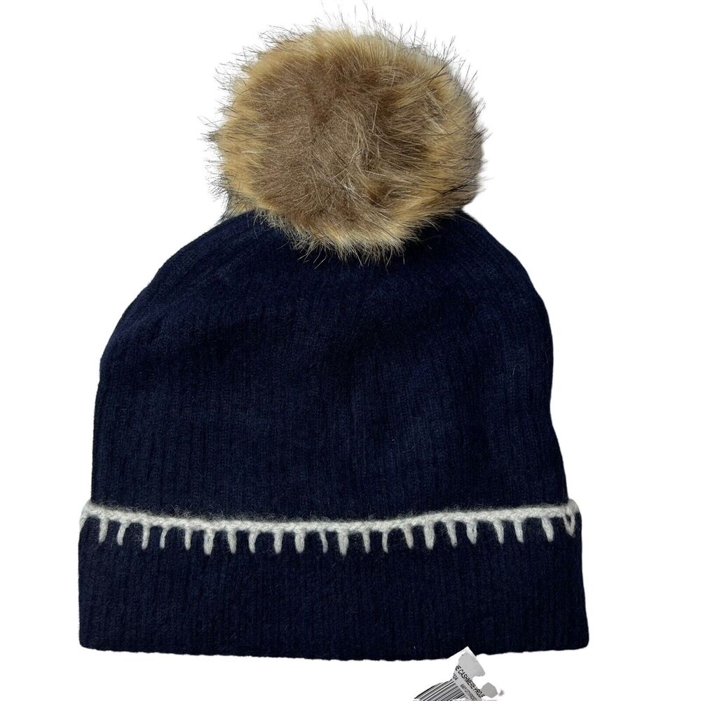 The Cashmere‎ Project Navy Whipstich Hat Faux Fur Pom New